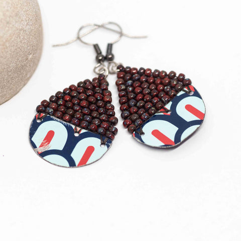 Recycled Metal Red Blue Retro Teardrop Earrings