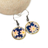 Rustic Resin Metal Purple White Flower Round Earrings