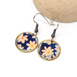 Rustic Resin Metal Purple White Flower Round Earrings