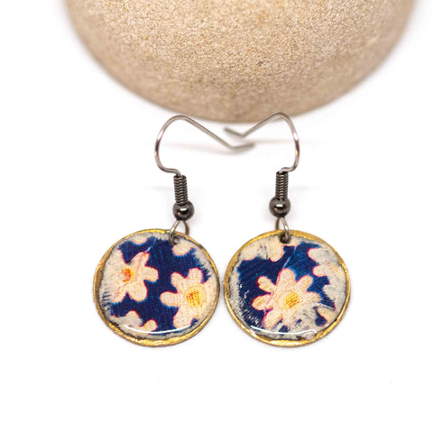 Rustic Resin Metal Purple White Flower Round Earrings