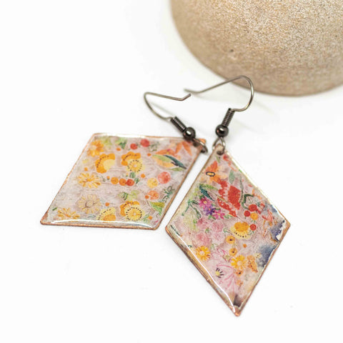 Rustic Resin Metal Red Yellow Wildflower Diamond Earrings