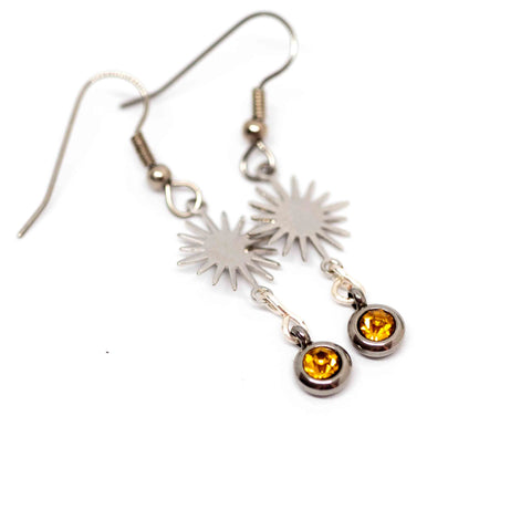 Silver Sun Yellow Earrings