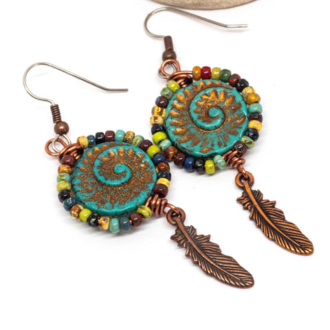 Blue Copper Picasso Fossil Feather Earrings