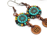 Blue Turquoise Picasso Copper Lotus Earrings