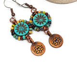 Blue Turquoise Picasso Copper Lotus Earrings