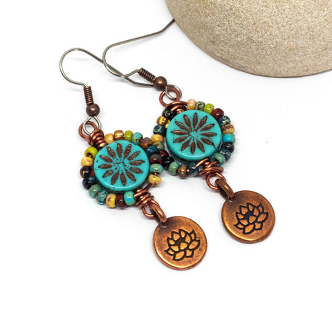 Blue Turquoise Picasso Copper Lotus Earrings