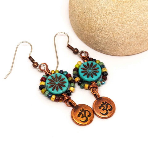 Blue Turquoise Picasso Copper Om Earrings