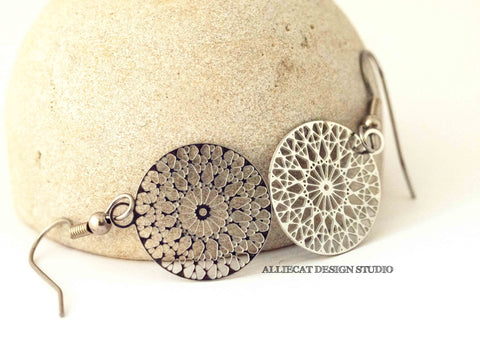 Stainless Steel Small Filigree Medallion Earrings