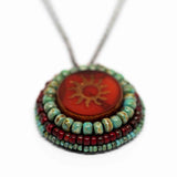 Tribal Orange Red Turquoise Sun Necklace