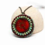Tribal Orange Red Turquoise Sun Necklace
