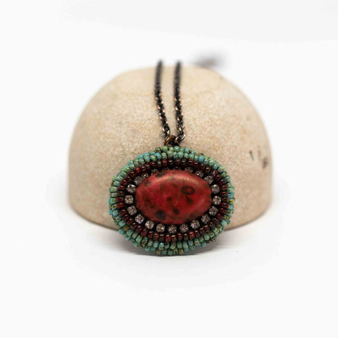 Turquoise Orange Sparkly Oval Necklace