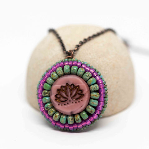 Pink Turquoise Lotus Bead Embroidered Necklace