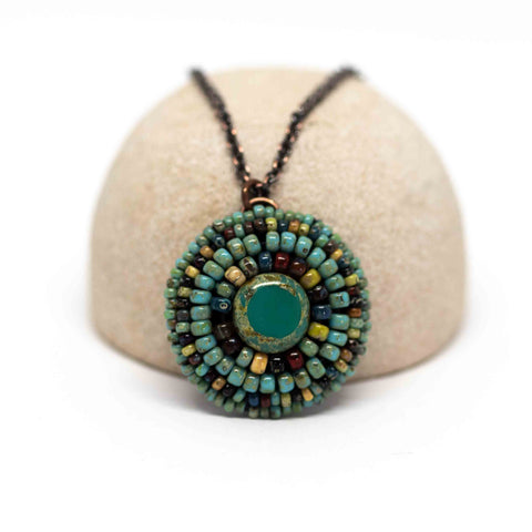 Turquoise Picasso Circle Bead Embroidered Necklace