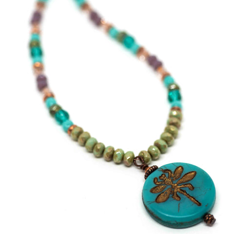 Rustic Turquoise Beaded Dragonfly Necklace