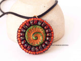 Green Orange Fossil Bead Embroidered Necklace