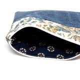 Blue Floral Denim Half Zipper Pouch