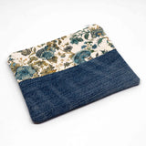 Blue Floral Denim Half Zipper Pouch