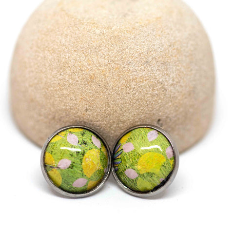 Recycled Metal Yellow Green Floral Stainless Steel Stud Earrings