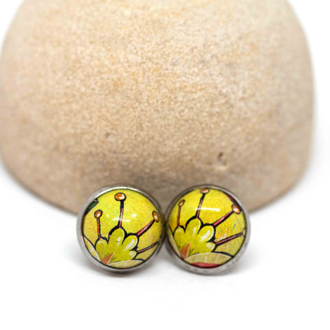 Recycled Metal Green Yellow Flower Small Stainless Steel Stud Earrings