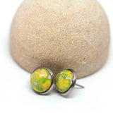 Recycled Metal Green Yellow Floral Small Stainless Steel Stud Earrings