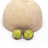Recycled Metal Green Yellow Floral Small Stainless Steel Stud Earrings